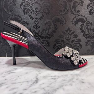Beverly Feldman rhinestone cluster red/black sling backs